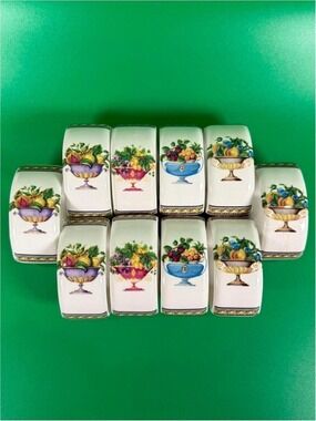 Set of 10 Vintage Casa Elite Porcelain Napkin Rings Fruit Neoclassical Tableware